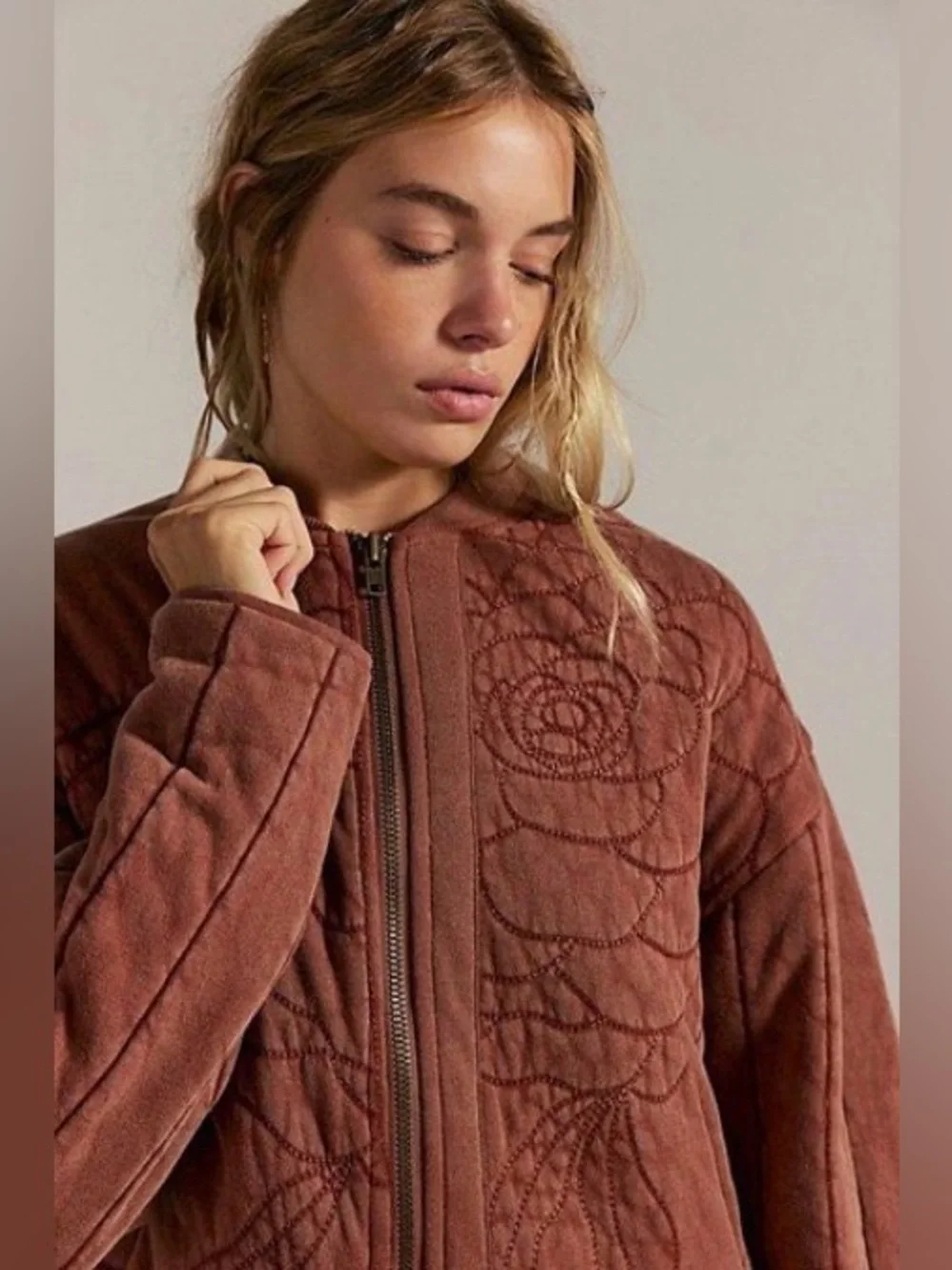 NWOT Free People Rose Zip Up Sweatshirt in Cinnamon Stick